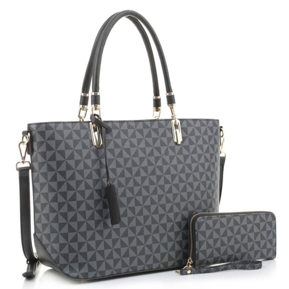 Geometric Tote Handbag Set w/ Wallet Vegan Leather Black Gray 2-in-1 - Picture 1 of 9